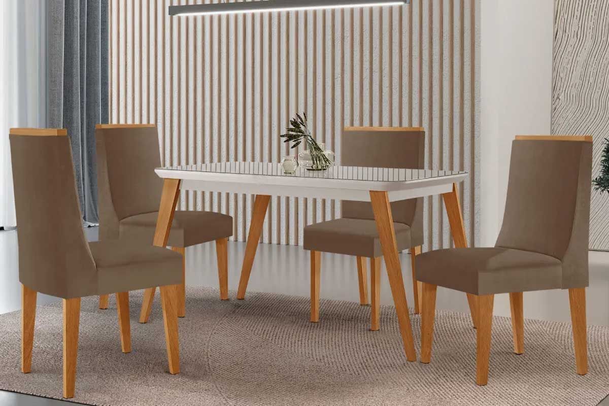 Sala Jantar Mesa Havana Curvo 120cm + 4 Cadeiras Dakota - Rufato
