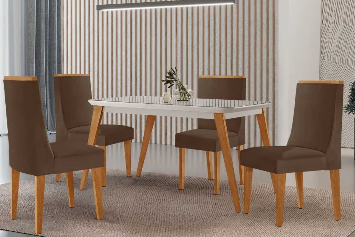 Sala Jantar Mesa Havana Curvo 120cm + 4 Cadeiras Dakota - Rufato