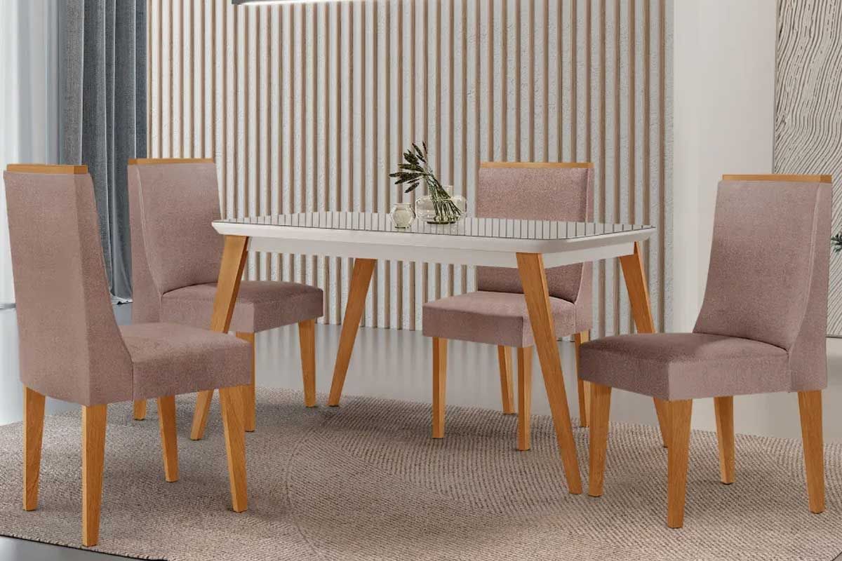 Sala Jantar Mesa Havana Curvo 120cm + 4 Cadeiras Dakota - Rufato