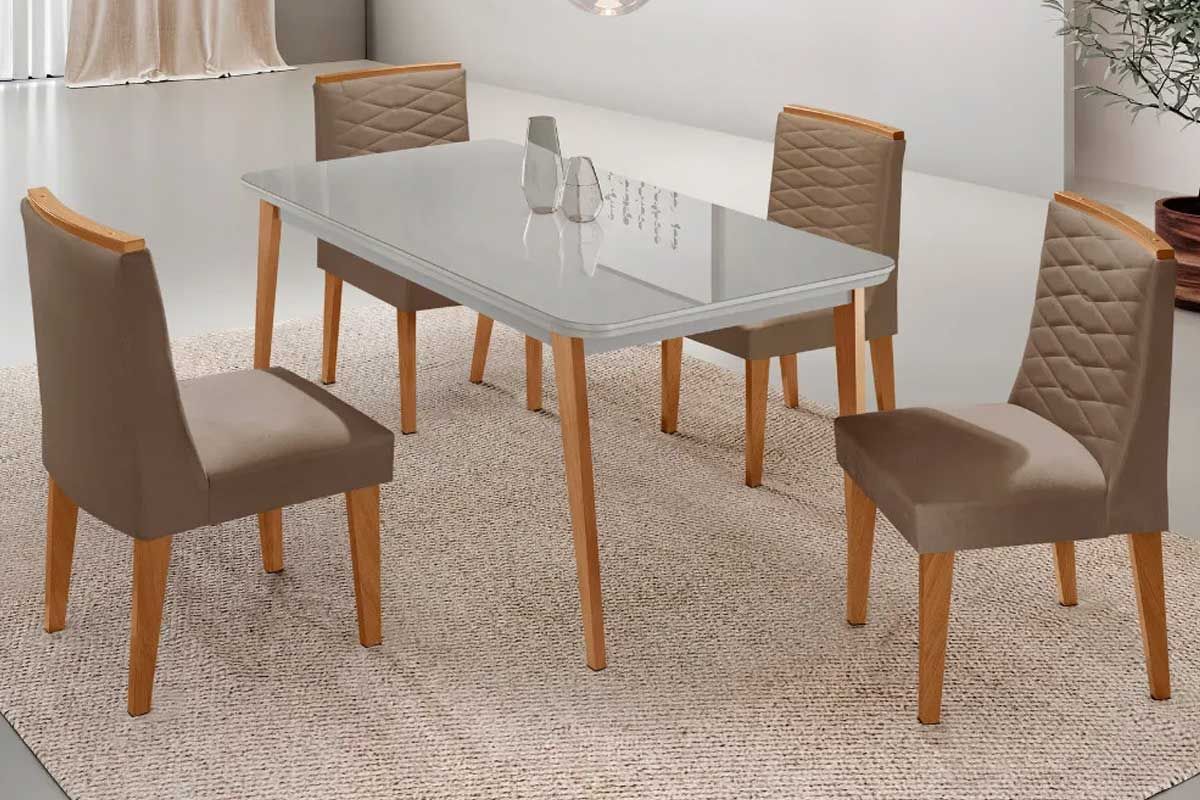 Sala Jantar Mesa Havana Curvo 120cm + 4 Cadeiras Maldivas - Rufato
