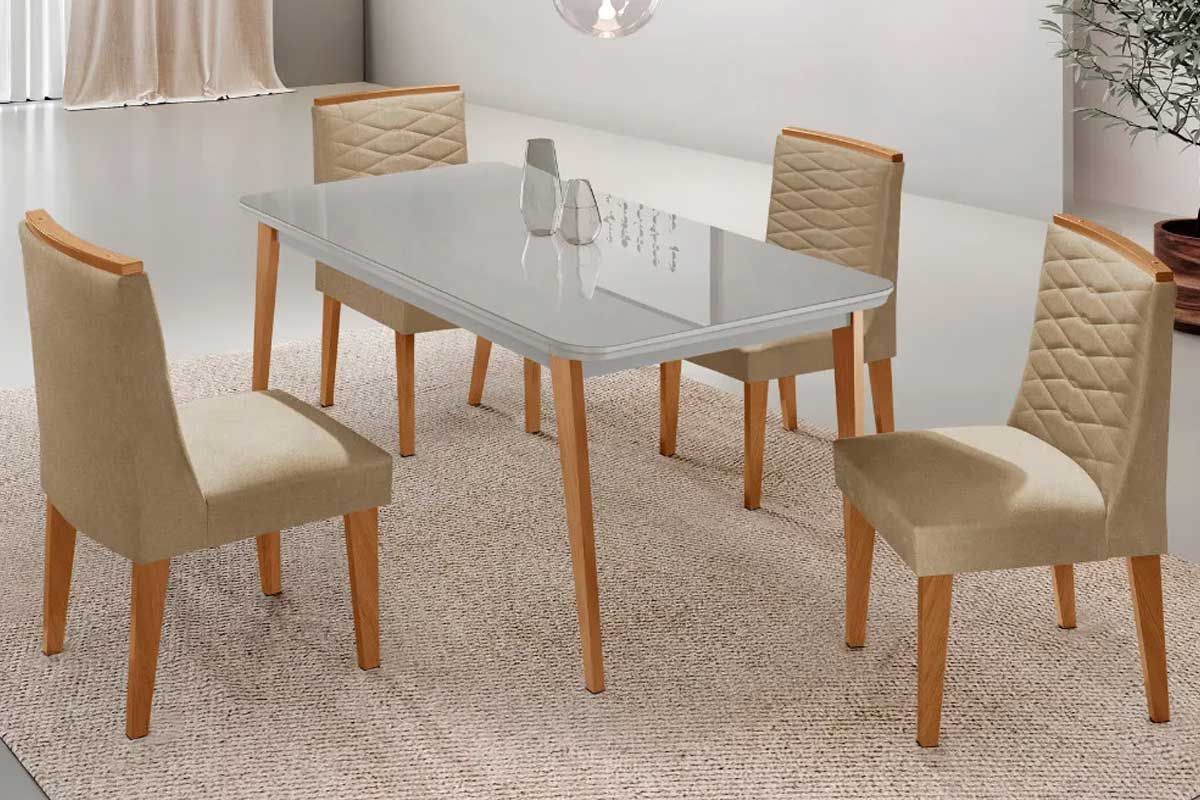 Sala Jantar Mesa Havana Curvo 120cm + 4 Cadeiras Maldivas - Rufato