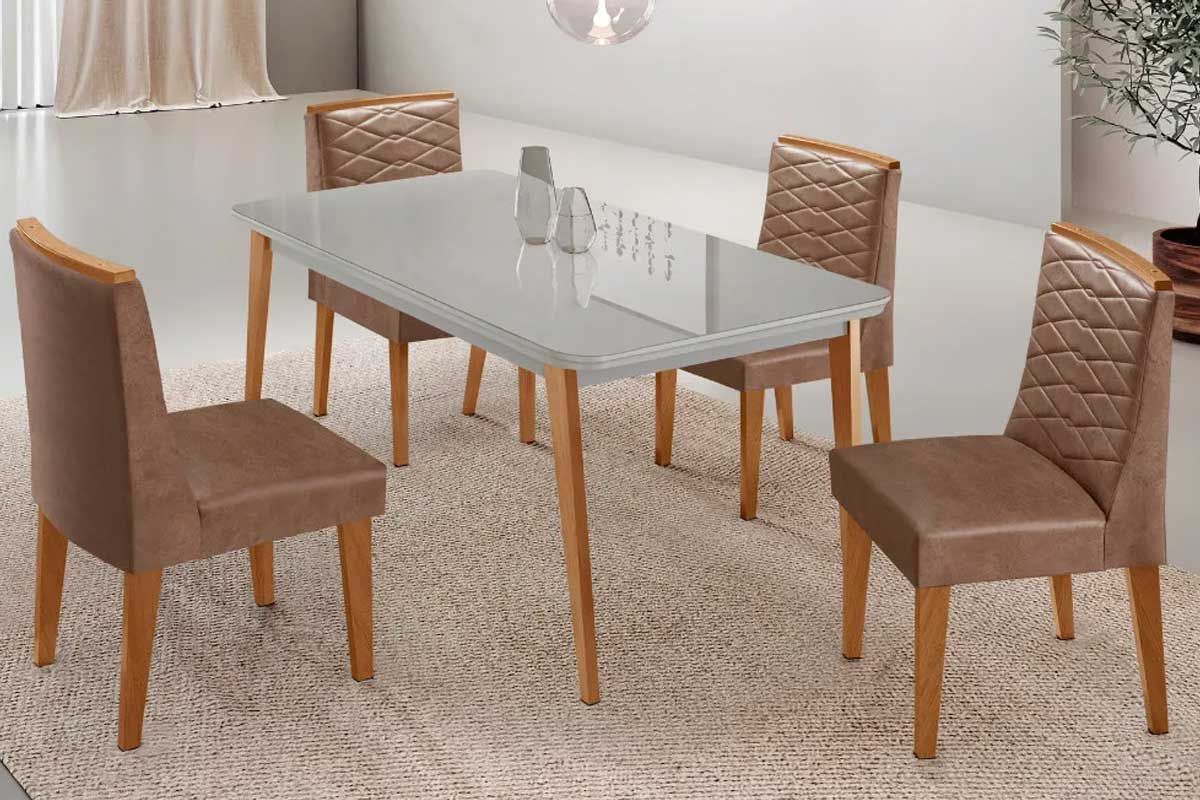 Sala Jantar Mesa Havana Curvo 120cm + 4 Cadeiras Maldivas - Rufato