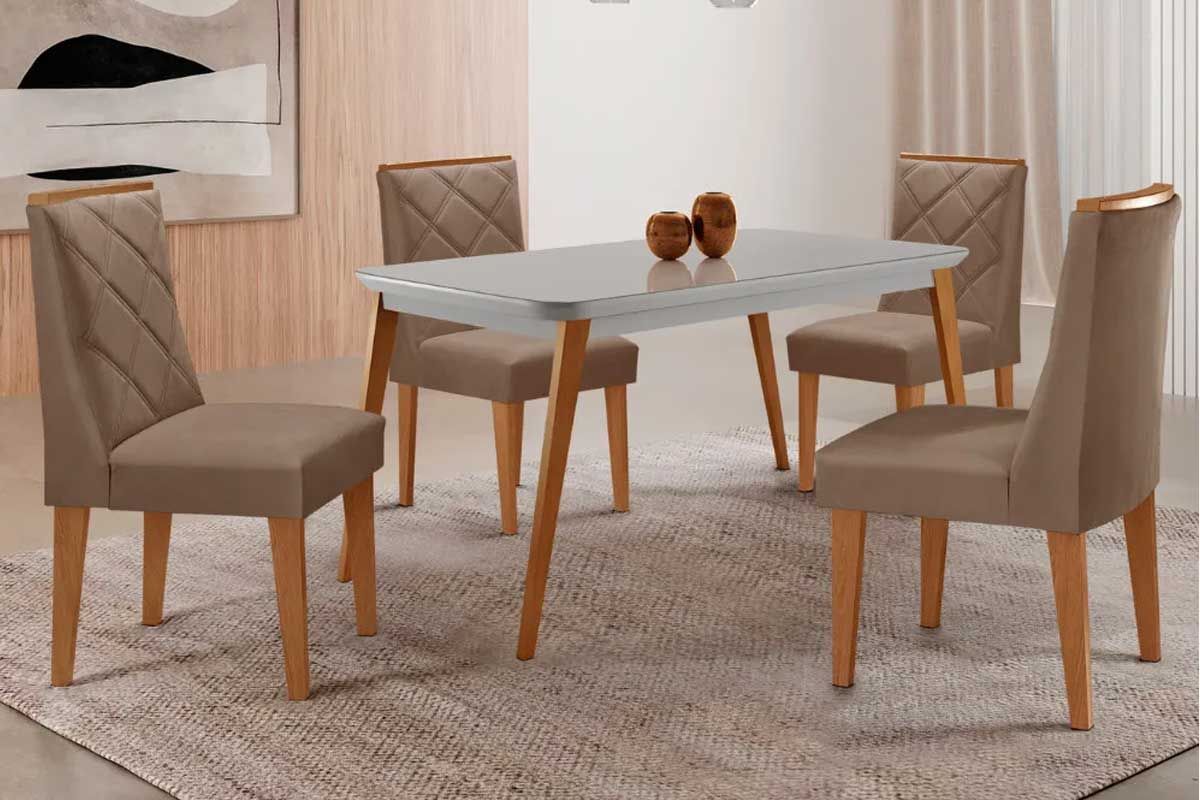 Sala Jantar Mesa Havana Tampo c/ Vidro Curvo 120cm+4 Cadeiras Pietá Madeira - Rufato
