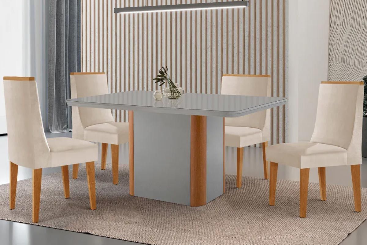 Sala Jantar Mesa Pietá Tampo c/ Vidro Curvo 120cm+4 Cadeiras Dakota Madeira - Rufato