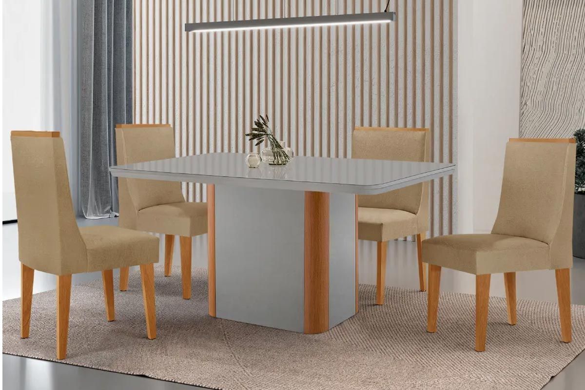 Sala Jantar Mesa Pietá Tampo c/ Vidro Curvo 120cm+4 Cadeiras Dakota Madeira - Rufato