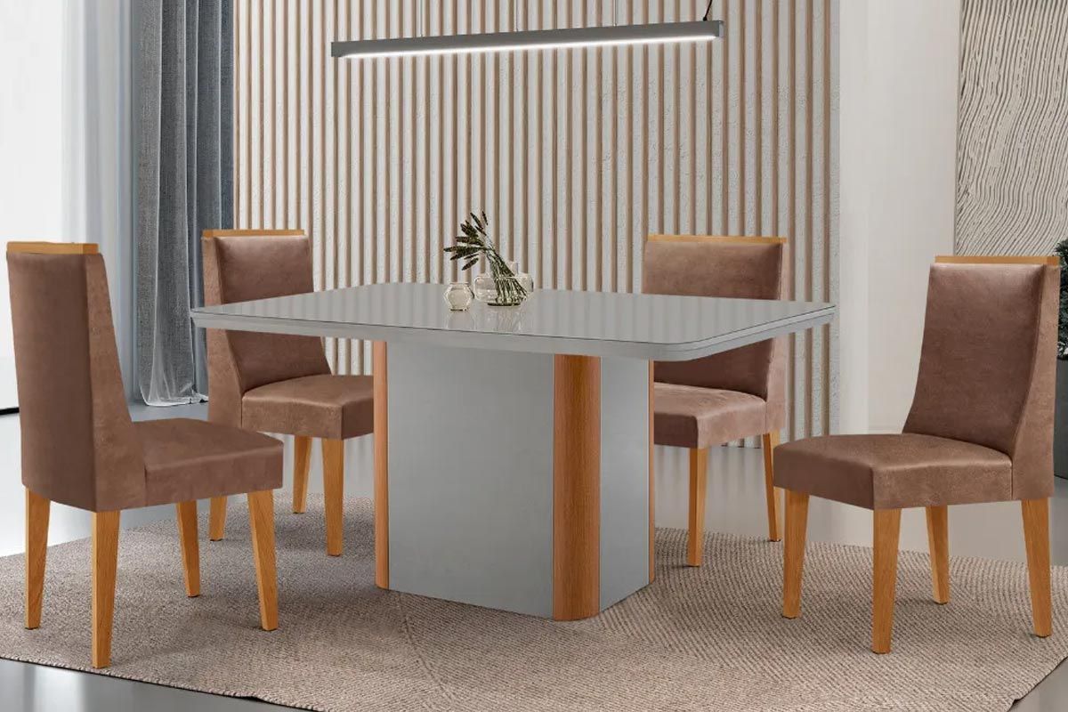 Sala Jantar Mesa Pietá Tampo c/ Vidro Curvo 120cm+4 Cadeiras Dakota Madeira - Rufato