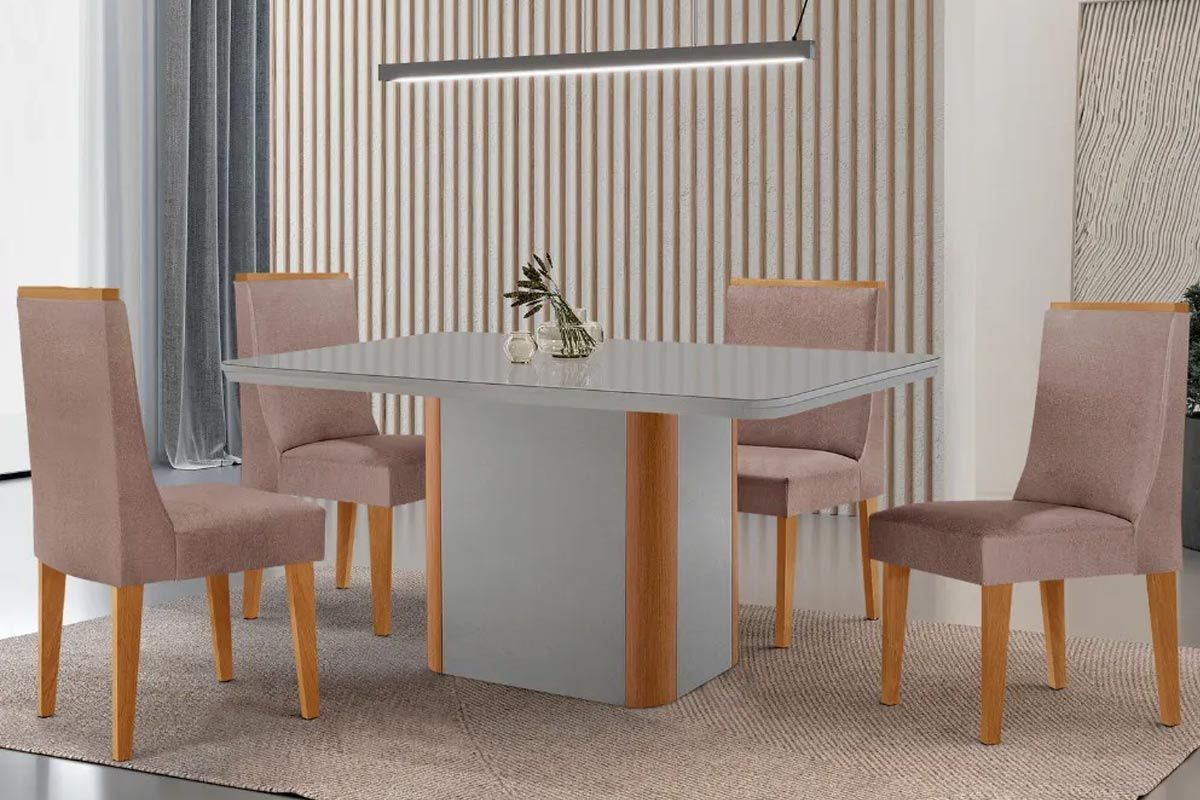 Sala Jantar Mesa Pietá Tampo c/ Vidro Curvo 120cm+4 Cadeiras Dakota Madeira - Rufato