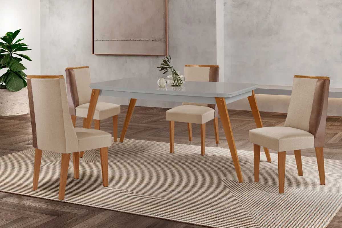 Sala Jantar Mesa Havana Tampo c/ Vidro Curvo 120cm+4 Cadeiras Tilia Madeira - Rufato