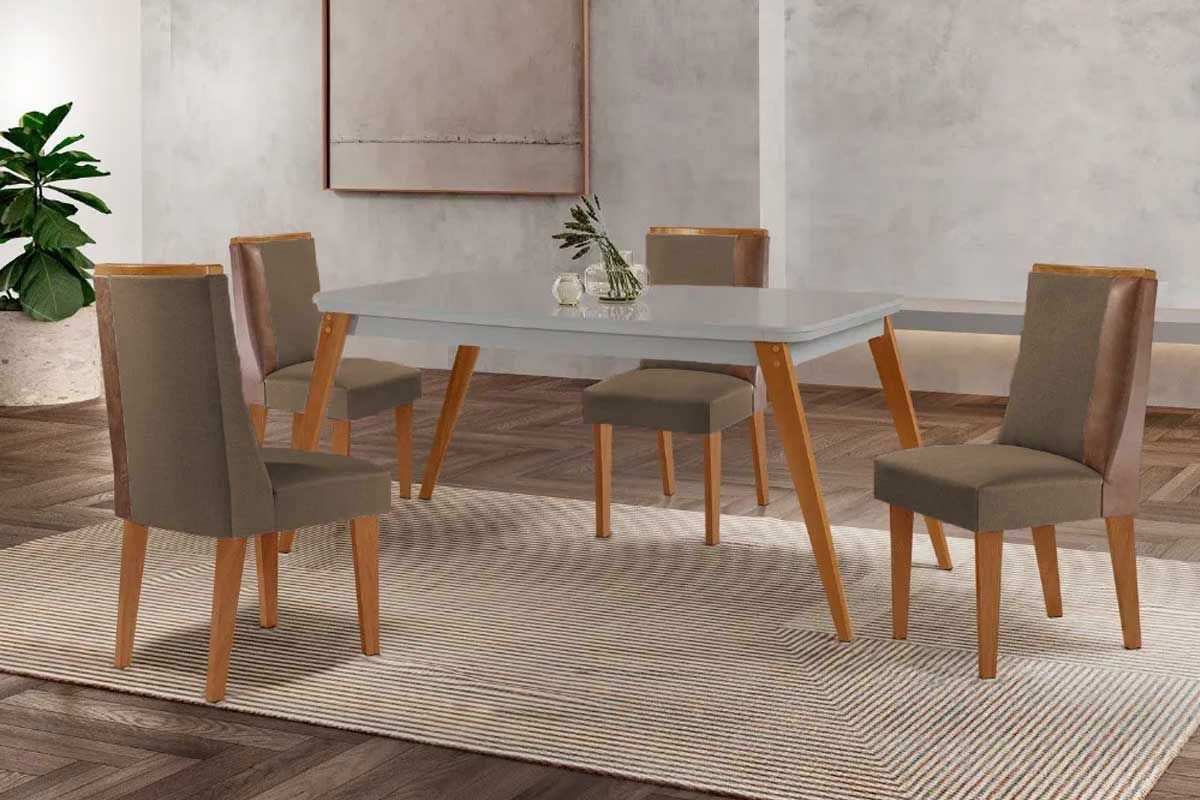 Sala Jantar Mesa Havana Tampo c/ Vidro Curvo 120cm+4 Cadeiras Tilia Madeira - Rufato