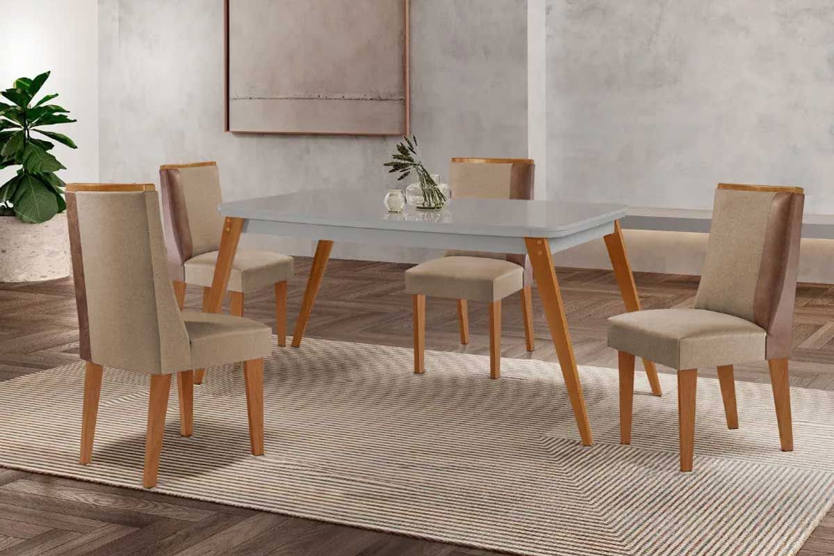 Sala Jantar Mesa Havana Tampo c/ Vidro Curvo 120cm+4 Cadeiras Tilia Madeira - Rufato