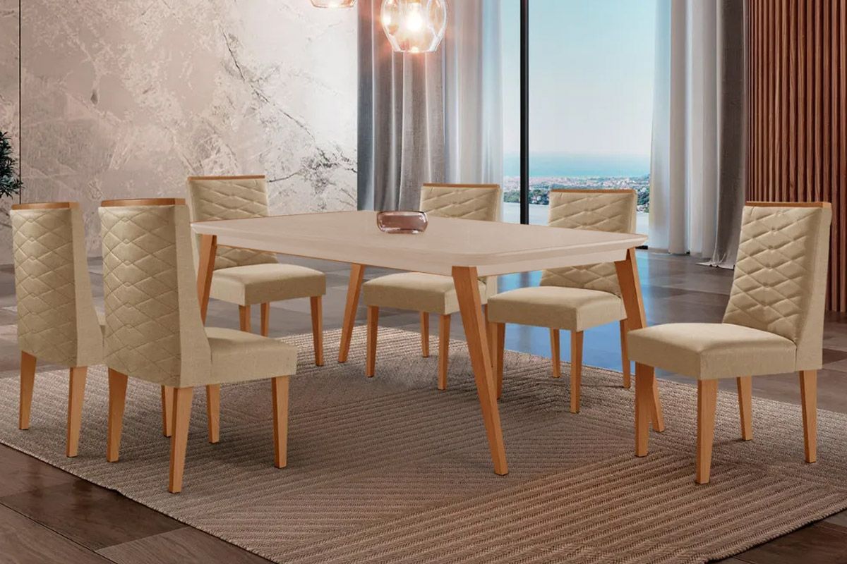 Sala Jantar Mesa Havana Tampo c/ Vidro Curvo 180cm+6 Cadeiras Dafne Madeira - Rufato