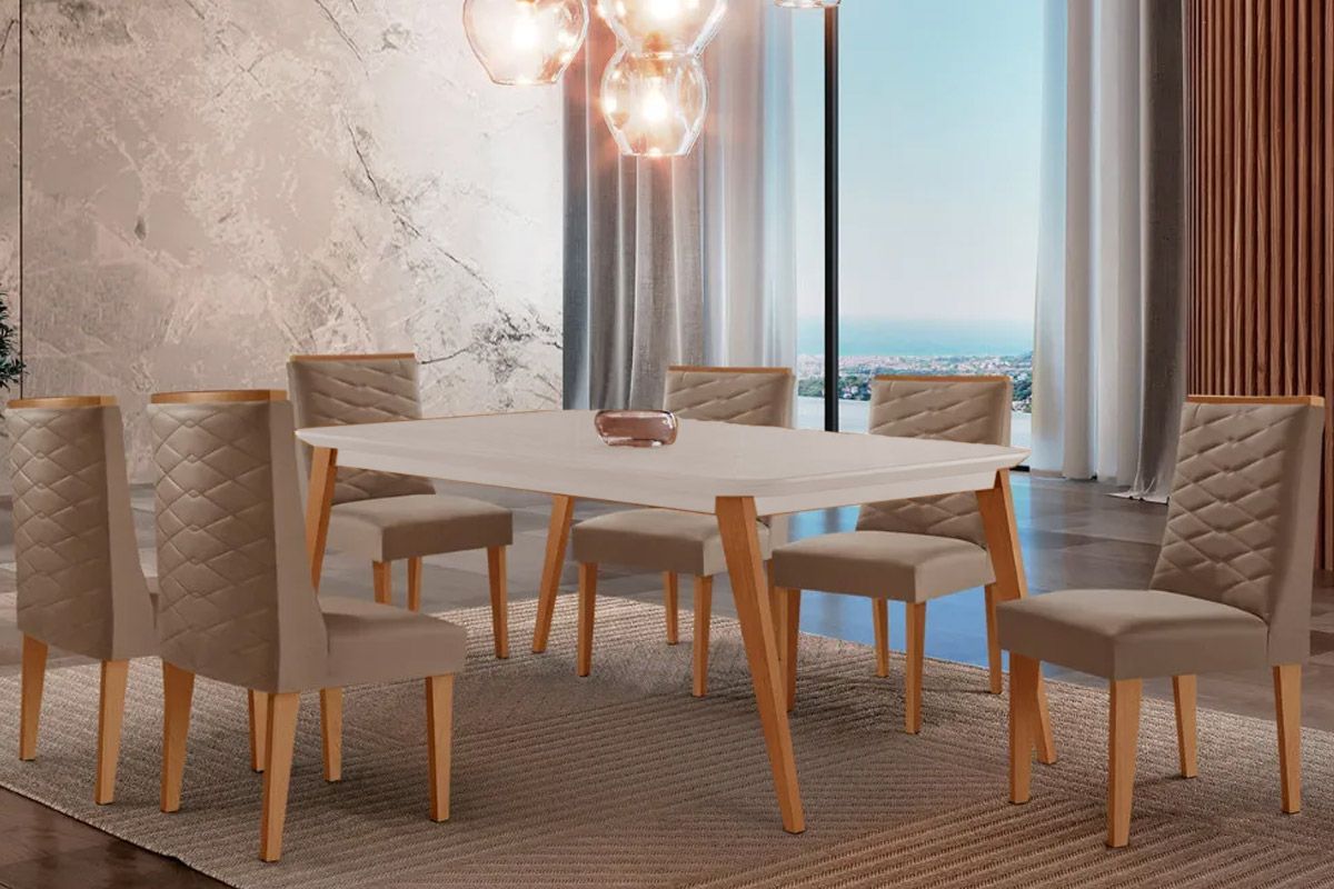Sala Jantar Mesa Havana Tampo c/ Vidro Curvo 180cm+6 Cadeiras Dafne Madeira - Rufato