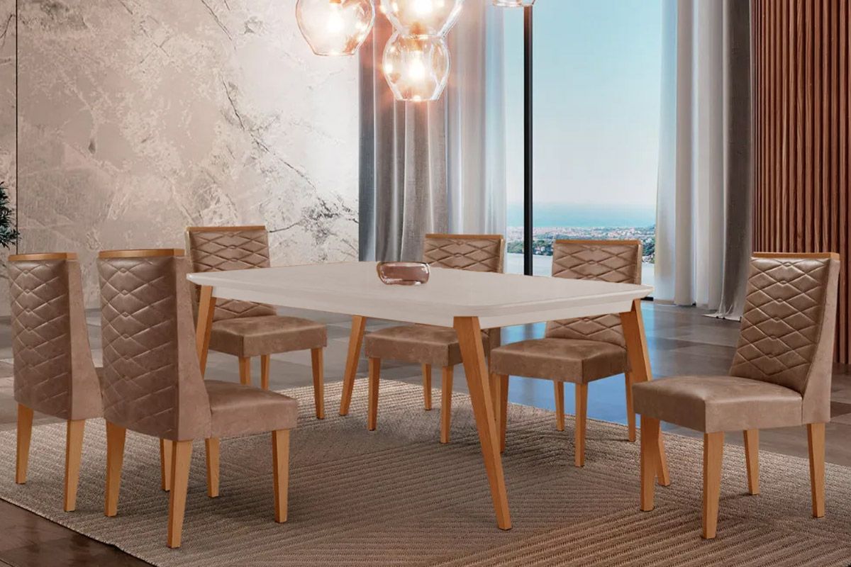 Sala Jantar Mesa Havana Tampo c/ Vidro Curvo 180cm+6 Cadeiras Dafne Madeira - Rufato