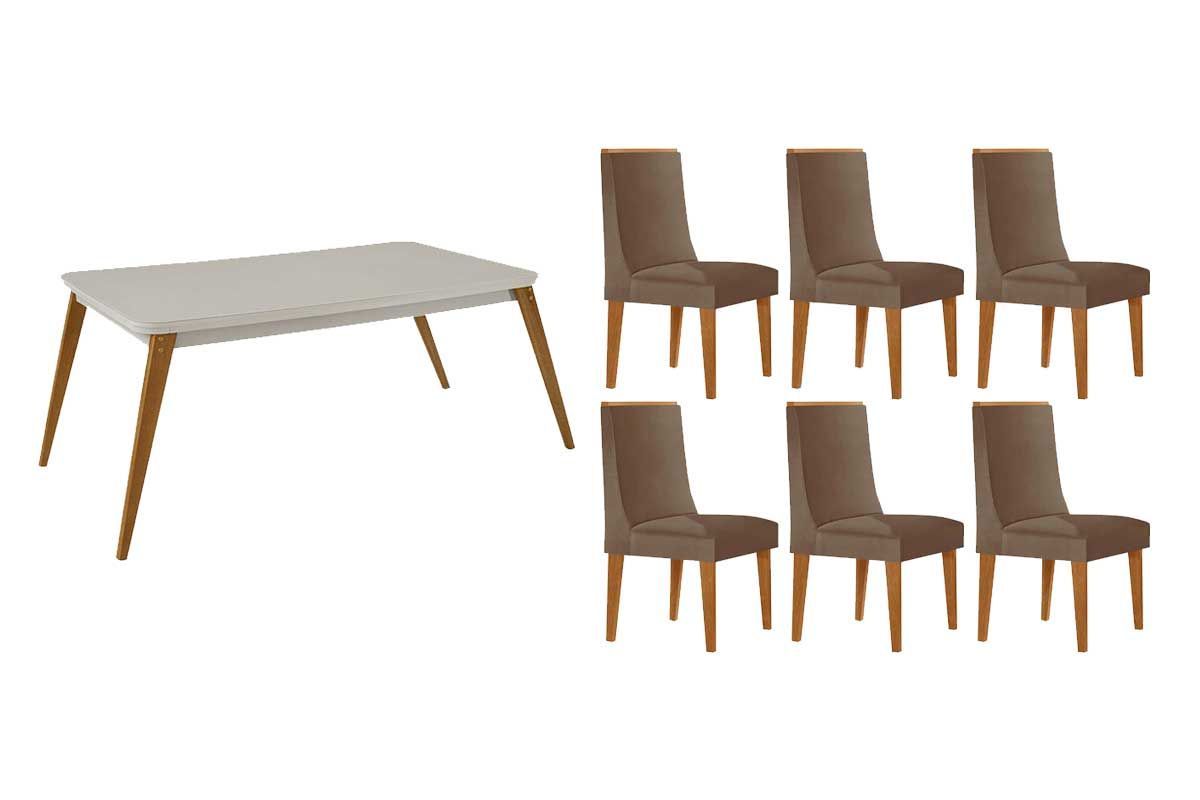 Sala Jantar Mesa Havana Tampo c/ Vidro Curvo 180cm+6 Cadeiras Dakota Madeira - Rufato