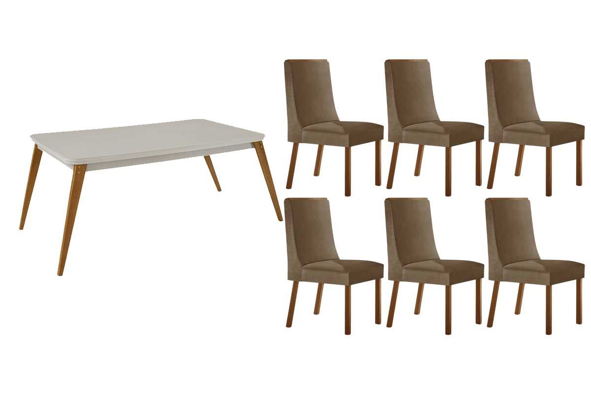 Sala Jantar Mesa Havana Tampo c/ Vidro Curvo 180cm+6 Cadeiras Dakota Madeira - Rufato