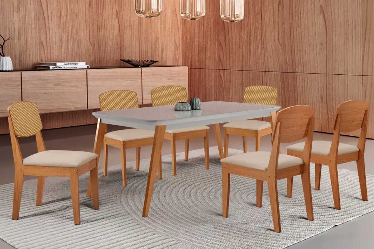 Sala Jantar Mesa Havana Tampo c/ Vidro Curvo 180cm+6 Cadeiras Havana - Rufato