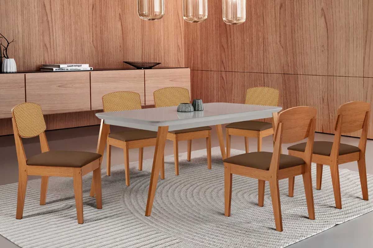 Sala Jantar Mesa Havana Tampo c/ Vidro Curvo 180cm+6 Cadeiras Havana - Rufato