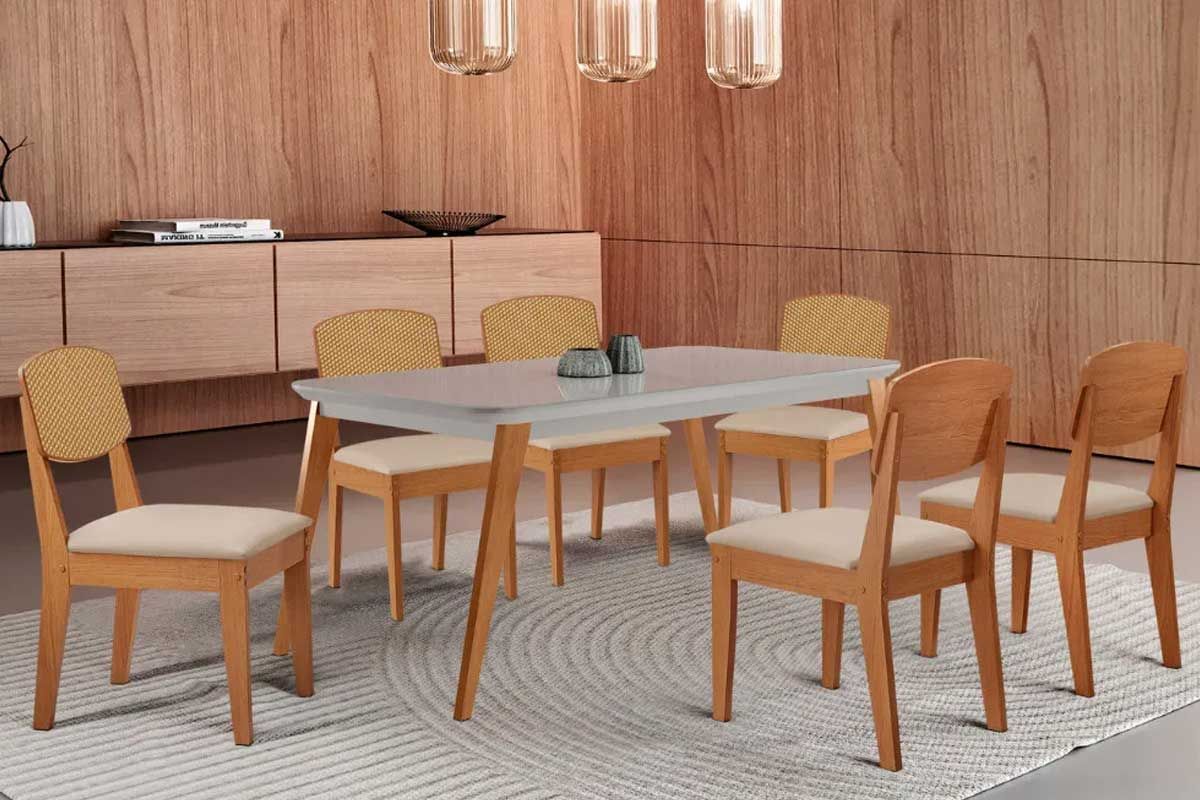 Sala Jantar Mesa Havana Tampo c/ Vidro Curvo 180cm+6 Cadeiras Havana - Rufato