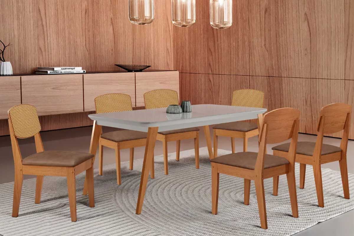 Sala Jantar Mesa Havana Tampo c/ Vidro Curvo 180cm+6 Cadeiras Havana - Rufato