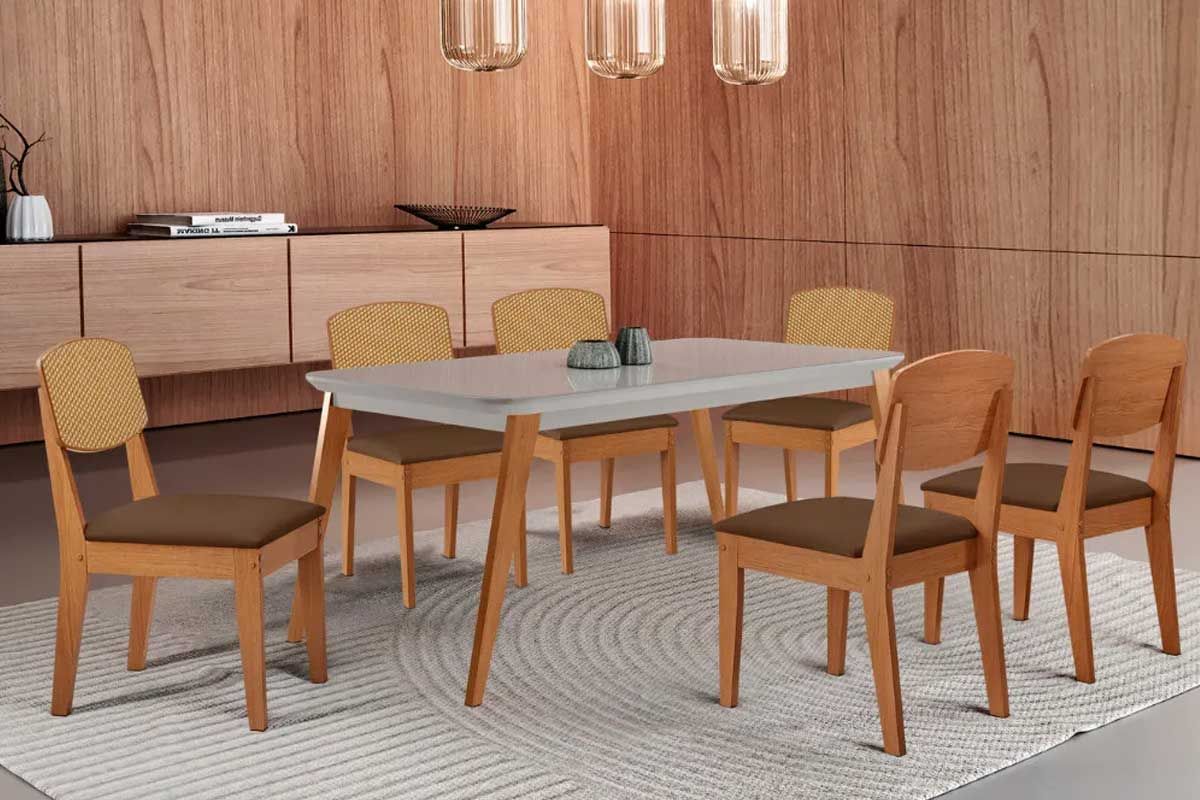 Sala Jantar Mesa Havana Tampo c/ Vidro Curvo 180cm+6 Cadeiras Havana - Rufato