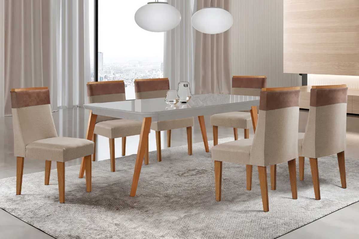 Sala Jantar Mesa Havana Tampo c/ Vidro Curvo 180cm+6 Cadeiras Jaspe Madeira - Rufato