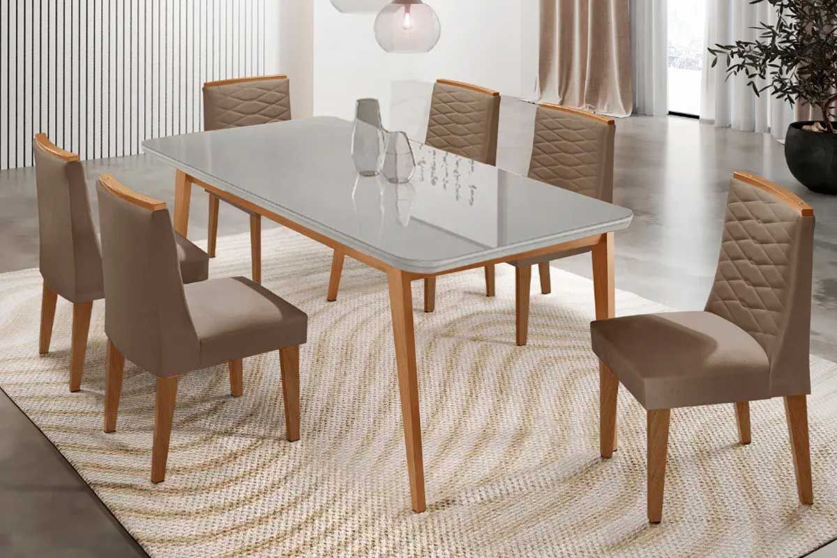 Sala Jantar Mesa Havana Tampo c/ Vidro Curvo 180cm+6 Cadeiras Maldivas Madeira - Rufato