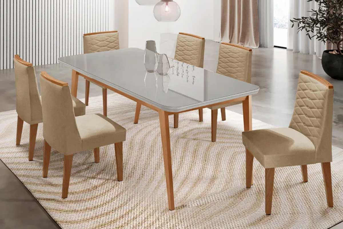 Sala Jantar Mesa Havana Tampo c/ Vidro Curvo 180cm+6 Cadeiras Maldivas Madeira - Rufato