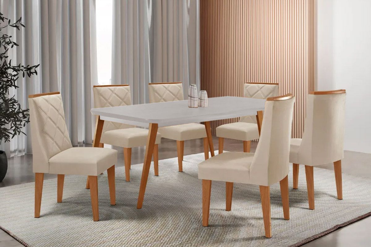 Sala Jantar Mesa Havana Tampo c/ Vidro Curvo 180cm+6 Cadeiras Pietá Madeira - Rufato