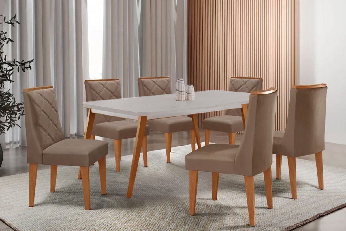 Sala Jantar Mesa Havana Tampo c/ Vidro Curvo 180cm+6 Cadeiras Pietá Madeira - Rufato