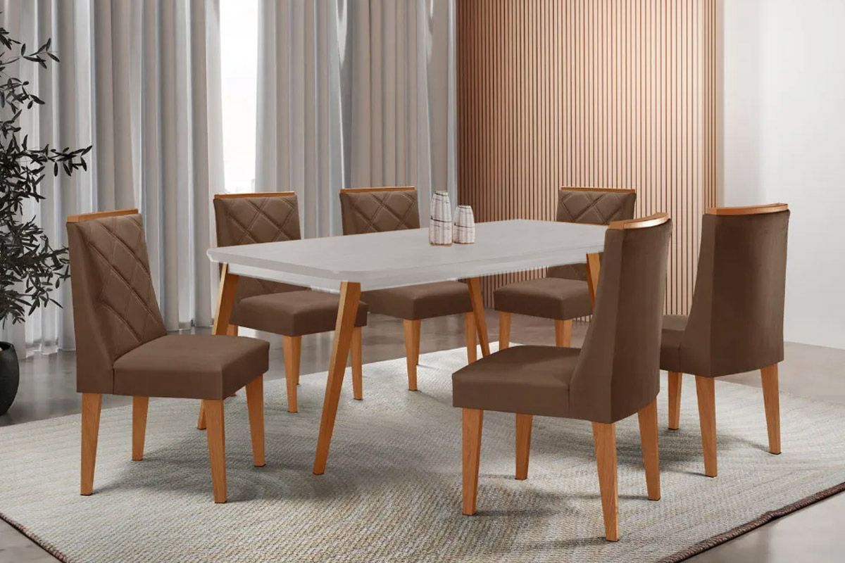 Sala Jantar Mesa Havana Tampo c/ Vidro Curvo 180cm+6 Cadeiras Pietá Madeira - Rufato