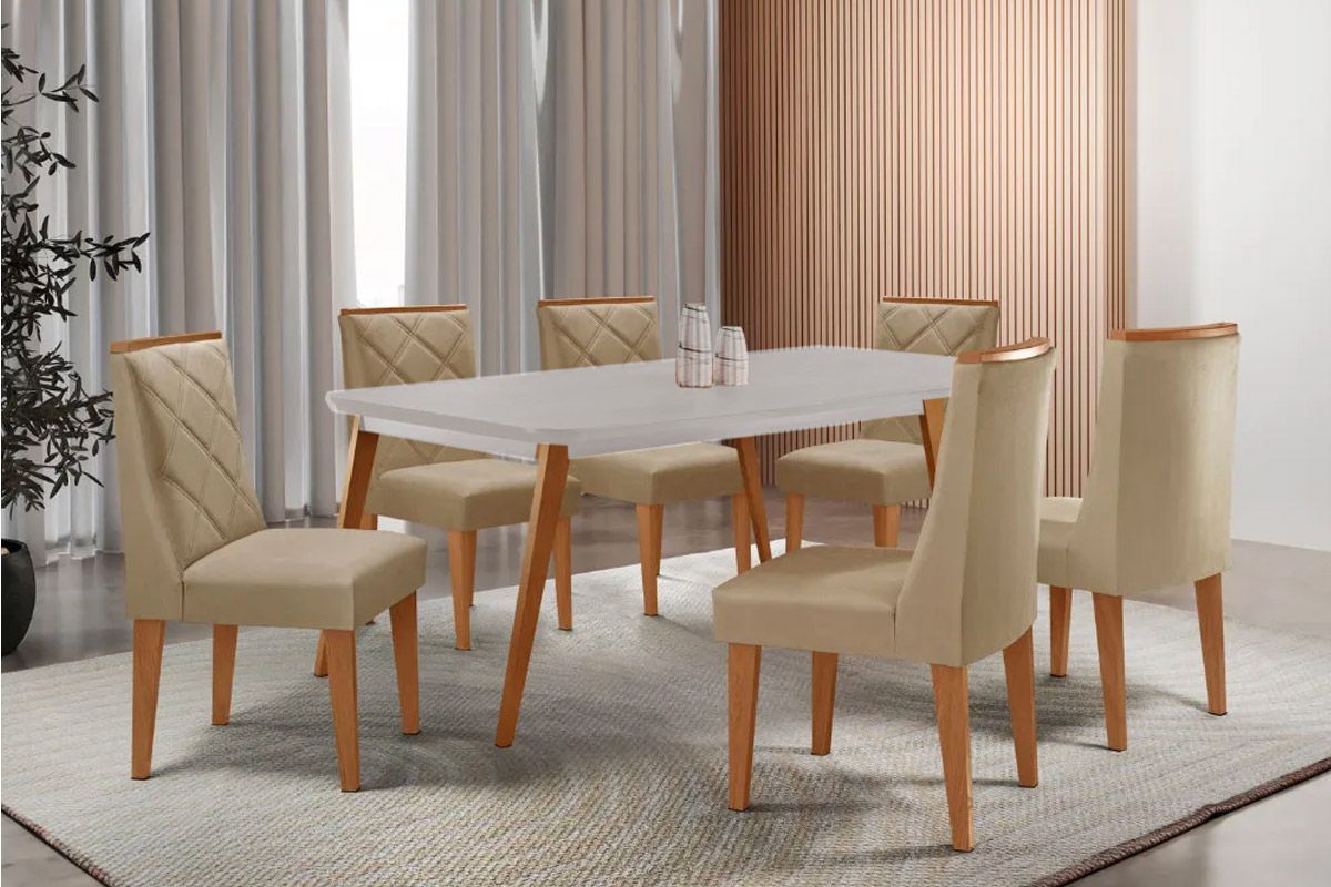 Sala Jantar Mesa Havana Tampo c/ Vidro Curvo 180cm+6 Cadeiras Pietá Madeira - Rufato
