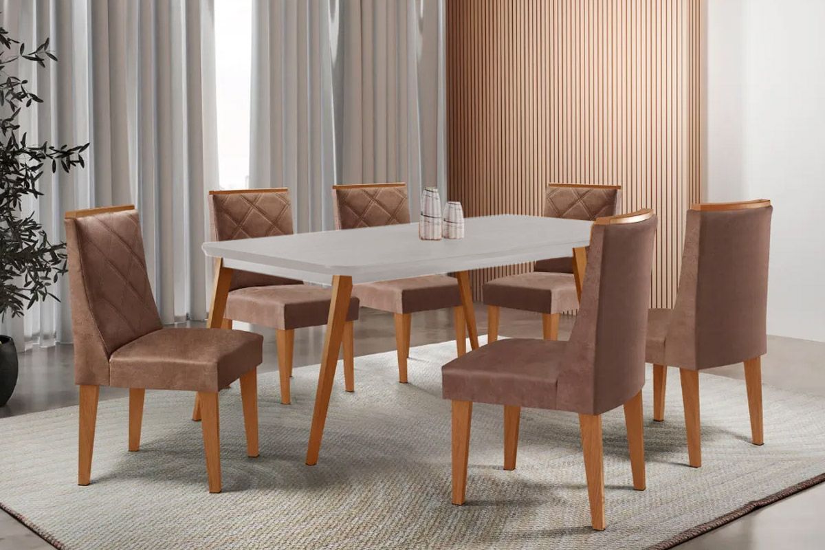 Sala Jantar Mesa Havana Tampo c/ Vidro Curvo 180cm+6 Cadeiras Pietá Madeira - Rufato