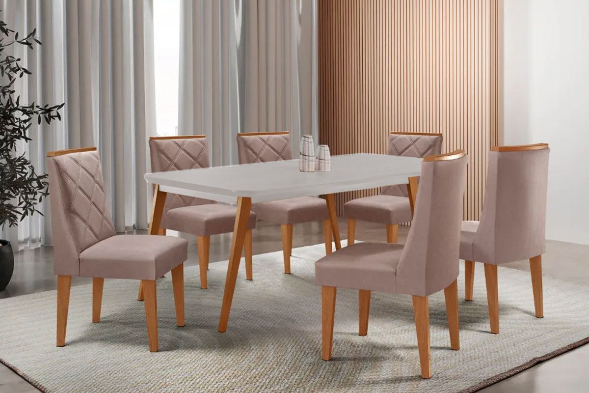 Sala Jantar Mesa Havana Tampo c/ Vidro Curvo 180cm+6 Cadeiras Pietá Madeira - Rufato