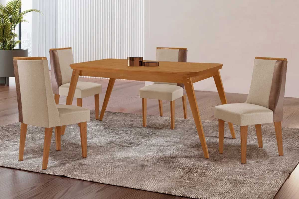 Sala Jantar Mesa Havana Tampo Curvo 120cm+4 Cadeiras Tilia Madeira - Rufato