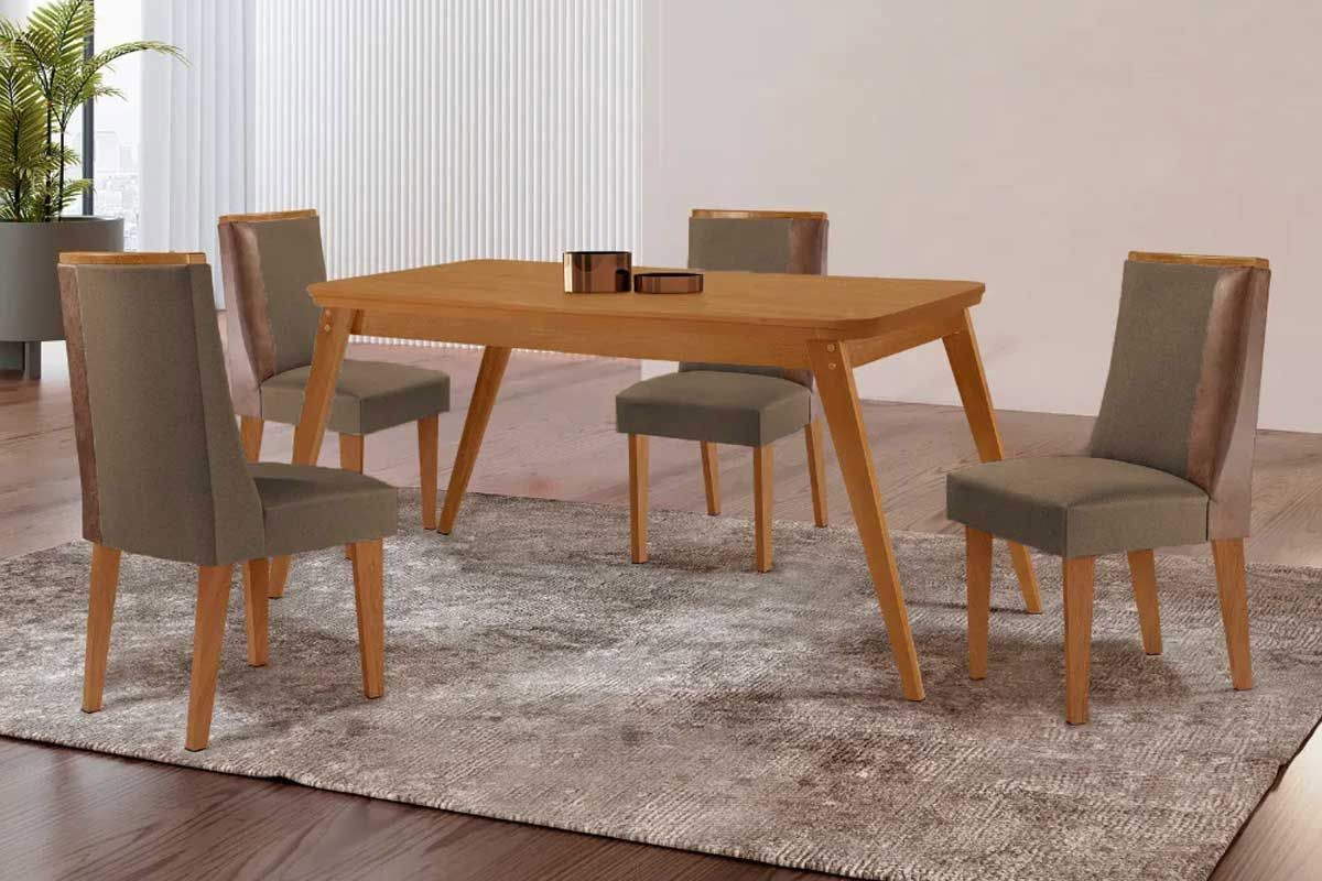 Sala Jantar Mesa Havana Tampo Curvo 120cm+4 Cadeiras Tilia Madeira - Rufato