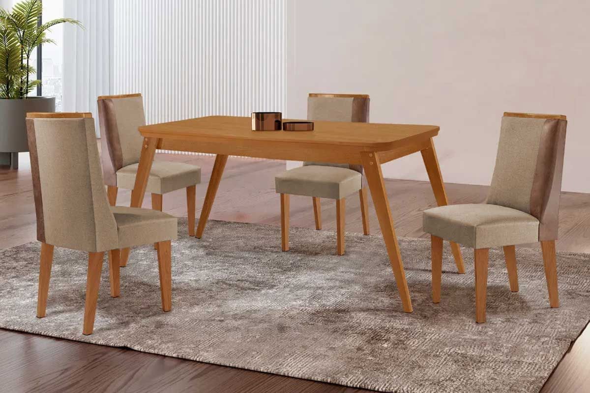 Sala Jantar Mesa Havana Tampo Curvo 120cm+4 Cadeiras Tilia Madeira - Rufato