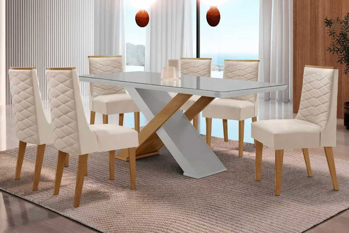Sala Jantar Mesa Imperatriz Tampo c/ Vidro Curvo 180cm+6 Cadeiras Dafne Madeira - Rufato