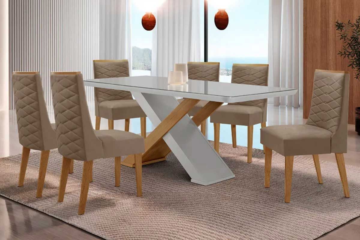Sala Jantar Mesa Imperatriz Tampo c/ Vidro Curvo 180cm+6 Cadeiras Dafne Madeira - Rufato