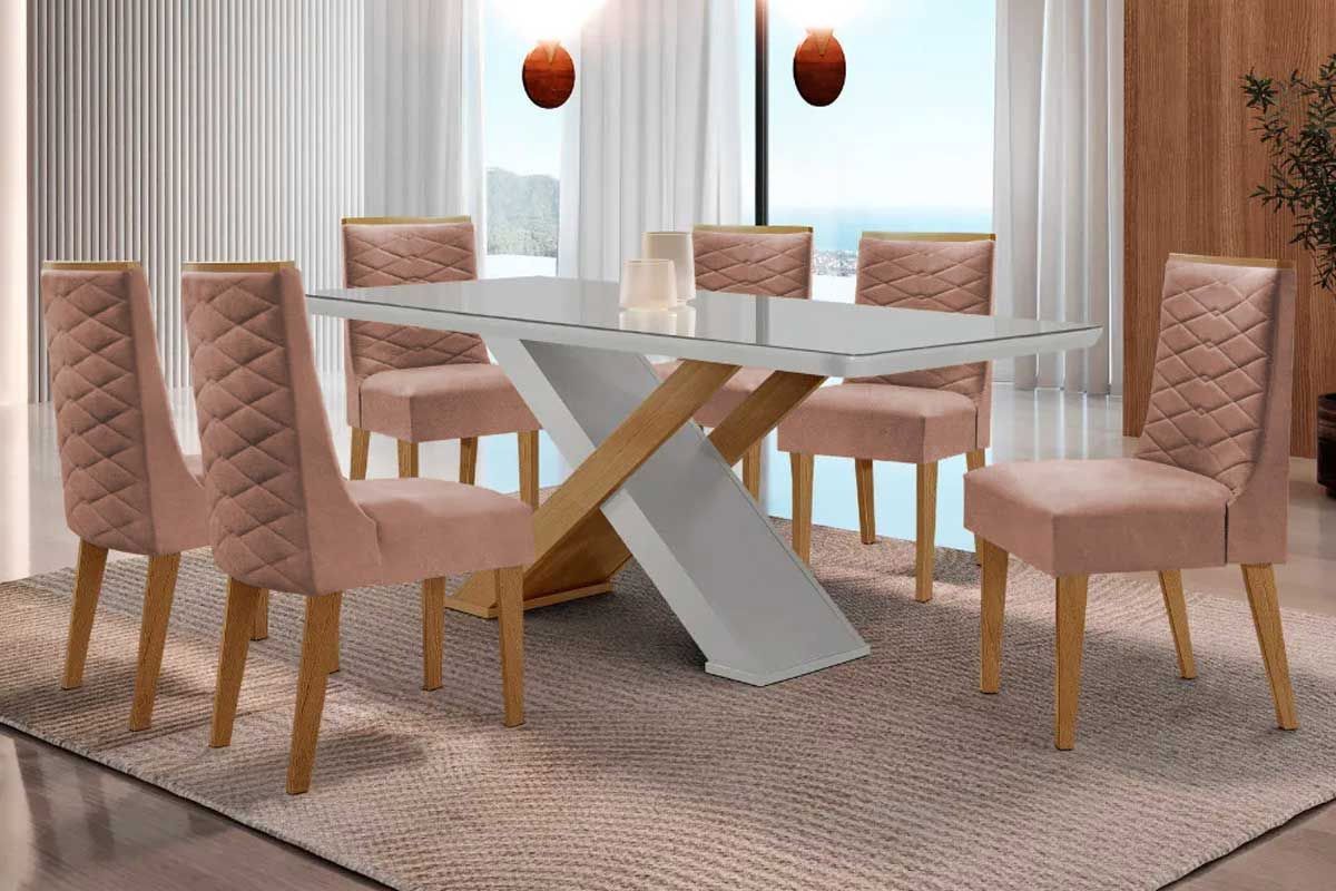 Sala Jantar Mesa Imperatriz Tampo c/ Vidro Curvo 180cm+6 Cadeiras Dafne Madeira - Rufato