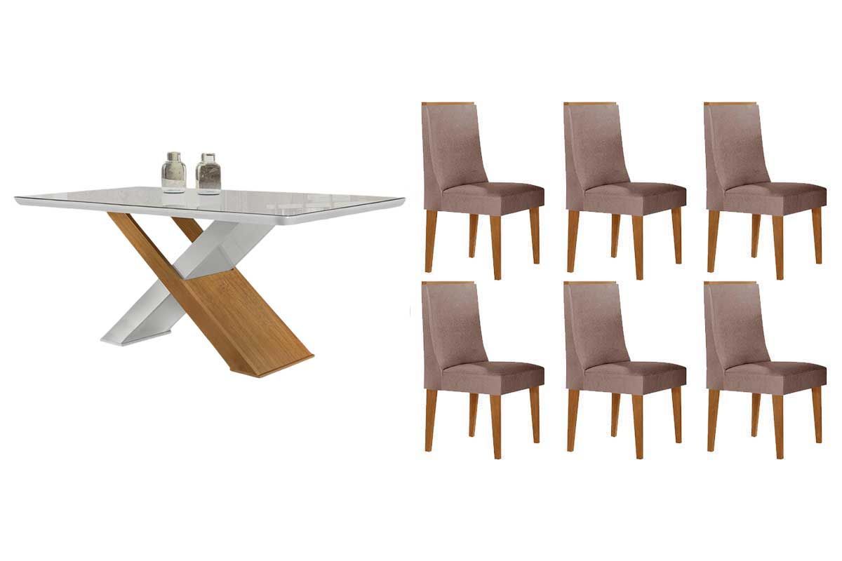 Sala Jantar Mesa Imperatriz Tampo c/ Vidro Curvo 180cm+6 Cadeiras Dakota Madeira - Rufato