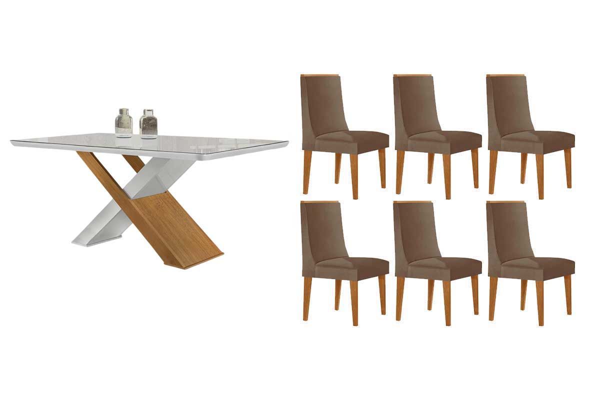 Sala Jantar Mesa Imperatriz Tampo c/ Vidro Curvo 180cm+6 Cadeiras Dakota Madeira - Rufato