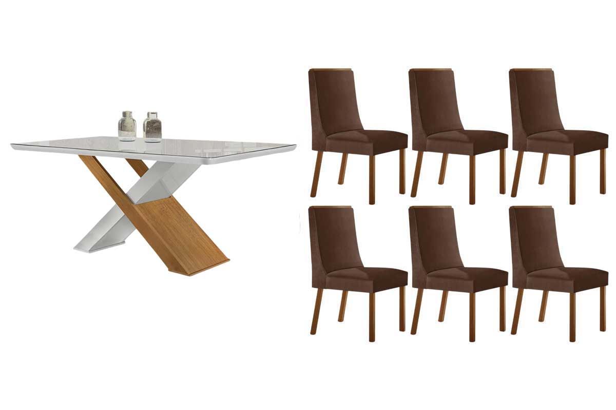 Sala Jantar Mesa Imperatriz Tampo c/ Vidro Curvo 180cm+6 Cadeiras Dakota Madeira - Rufato
