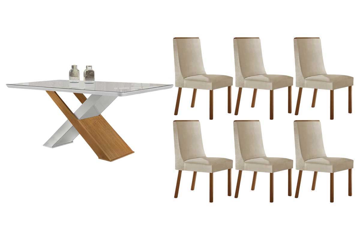 Sala Jantar Mesa Imperatriz Tampo c/ Vidro Curvo 180cm+6 Cadeiras Dakota Madeira - Rufato