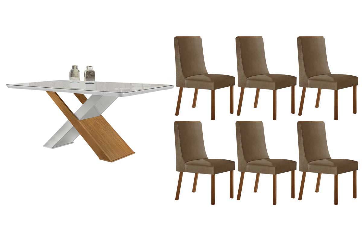 Sala Jantar Mesa Imperatriz Tampo c/ Vidro Curvo 180cm+6 Cadeiras Dakota Madeira - Rufato