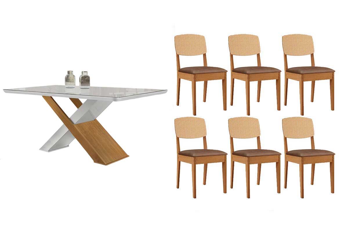 Sala Jantar Mesa Imperatriz Tampo c/ Vidro Curvo 180cm+6 Cadeiras Havana - Rufato