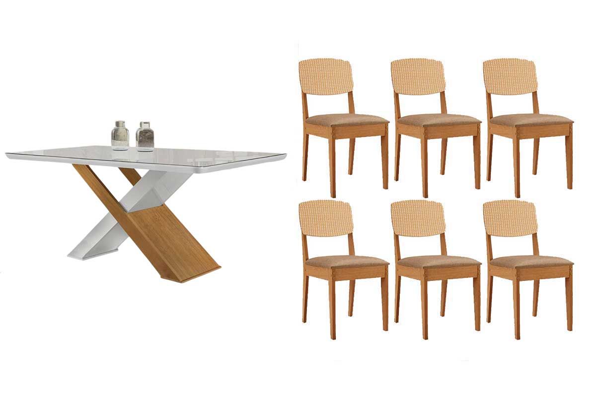 Sala Jantar Mesa Imperatriz Tampo c/ Vidro Curvo 180cm+6 Cadeiras Havana - Rufato