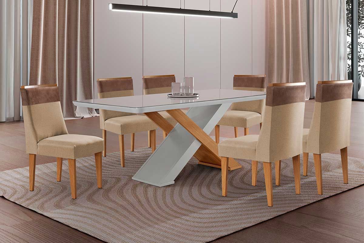 Sala Jantar Mesa Imperatriz Tampo c/ Vidro Curvo 180cm+6 Cadeiras Jaspe Madeira - Rufato