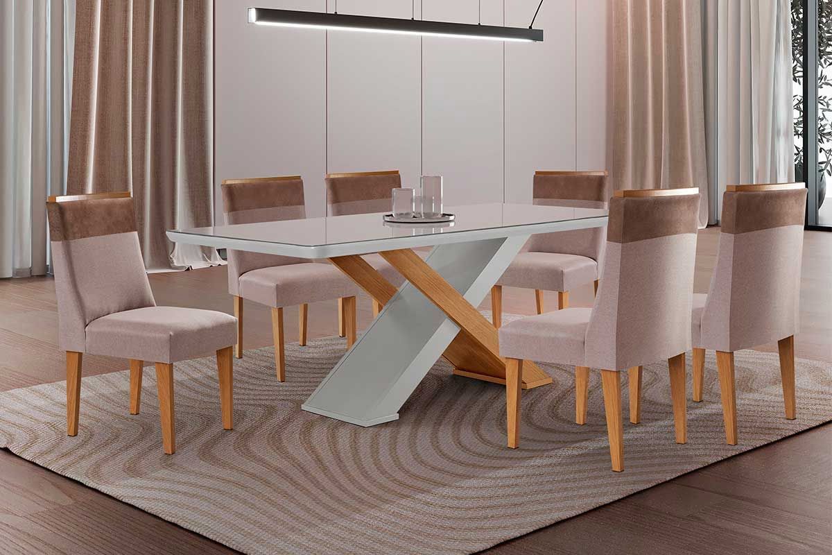 Sala Jantar Mesa Imperatriz Tampo c/ Vidro Curvo 180cm+6 Cadeiras Jaspe Madeira - Rufato