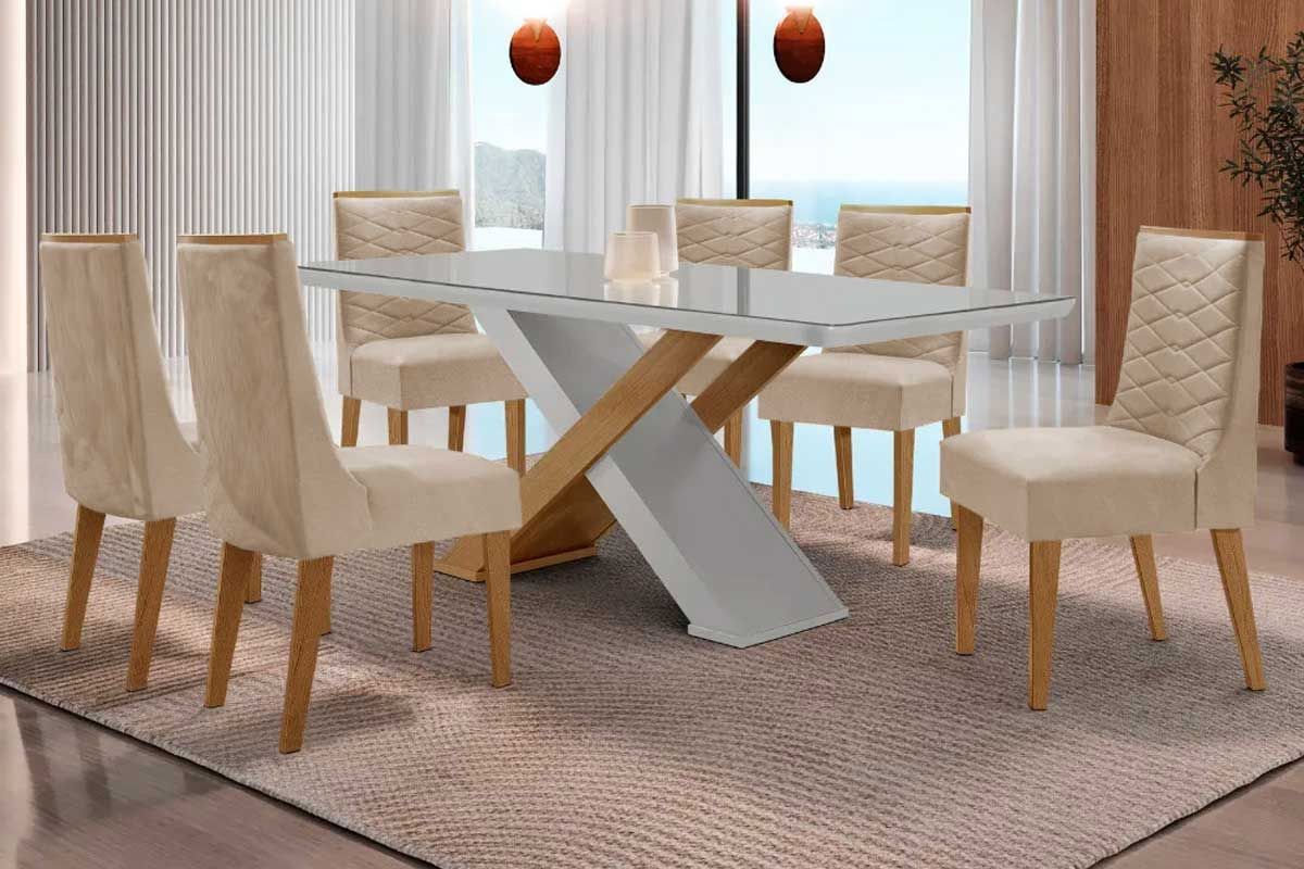 Sala Jantar Mesa Imperatriz Tampo c/ Vidro Curvo 180cm+6 Cadeiras Maldivas Madeira - Rufato
