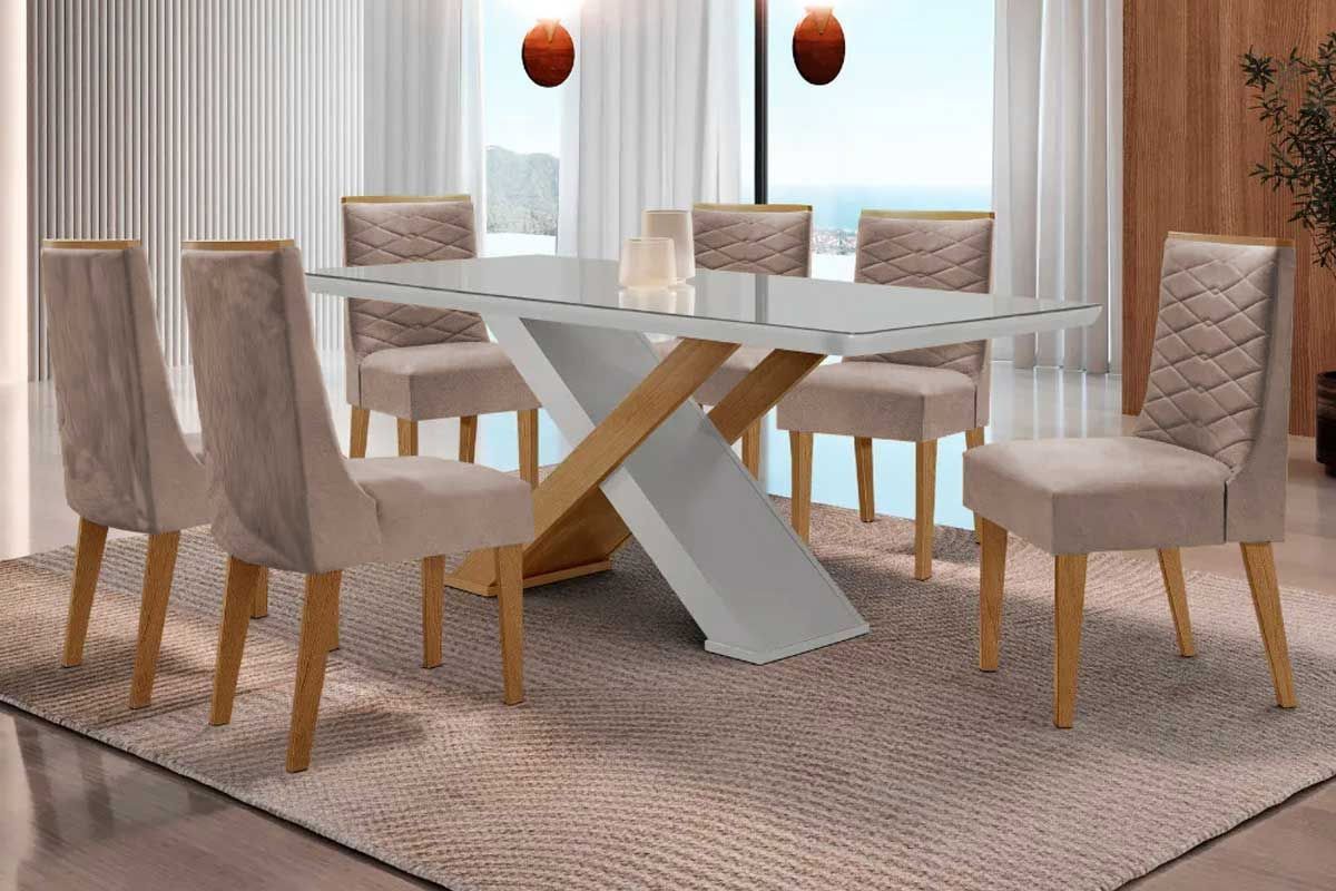 Sala Jantar Mesa Imperatriz Tampo c/ Vidro Curvo 180cm+6 Cadeiras Maldivas Madeira - Rufato
